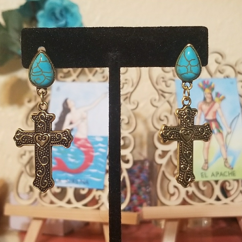 Antique Gold Cross with Torgoise Drop Gem earrings